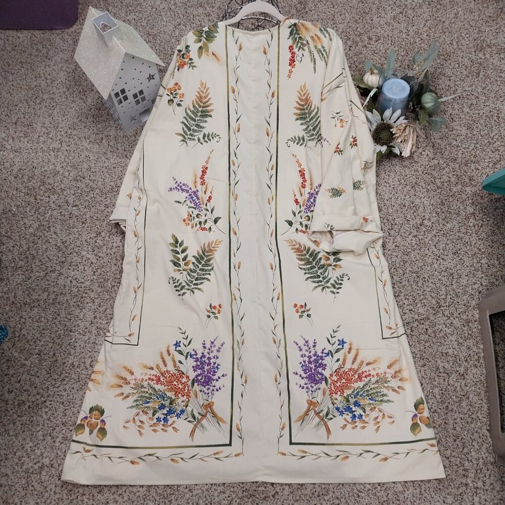 3501 Size XL Yellow and Green Long Length Duster Made from Linen  Tablecloth. - Picture 4 of 8
